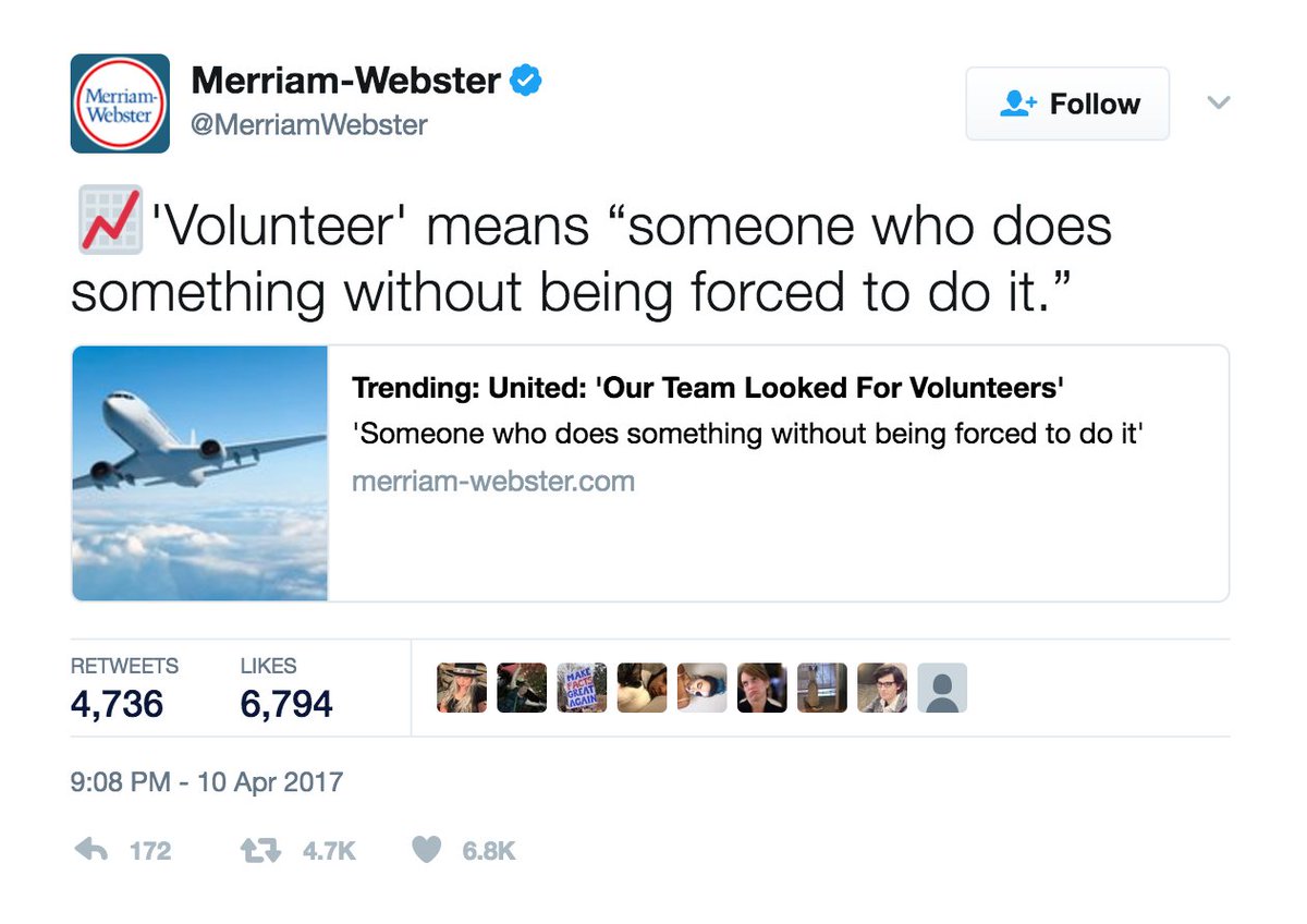 thehill's tweet photo. Merriam-Webster trolls United for use of "volunteer" in statement after passenger dragged off flight https://t.co/MKgWaphMSf https://t.co/xhQ5XyuCqT