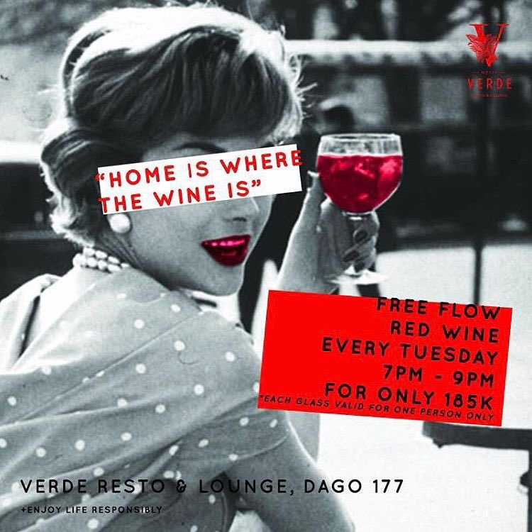 HOME IS WHERE THE WINE IS. Kick off Tuesday with FREE FLOW red wine for only IDR 185k++ From 7-9pm. Let's give it a boost💃🏻