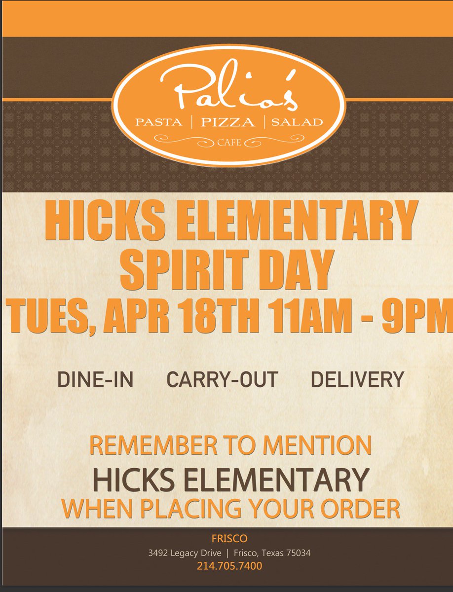 HicksElementary's tweet photo. #SpiritDay @PaliosFrisco #THESpta Tuesday, April 18th, 11 AM - 9PM #THESwolfpride #DineIN #CarryOut #Delivery https://t.co/pUwdIbgYkD