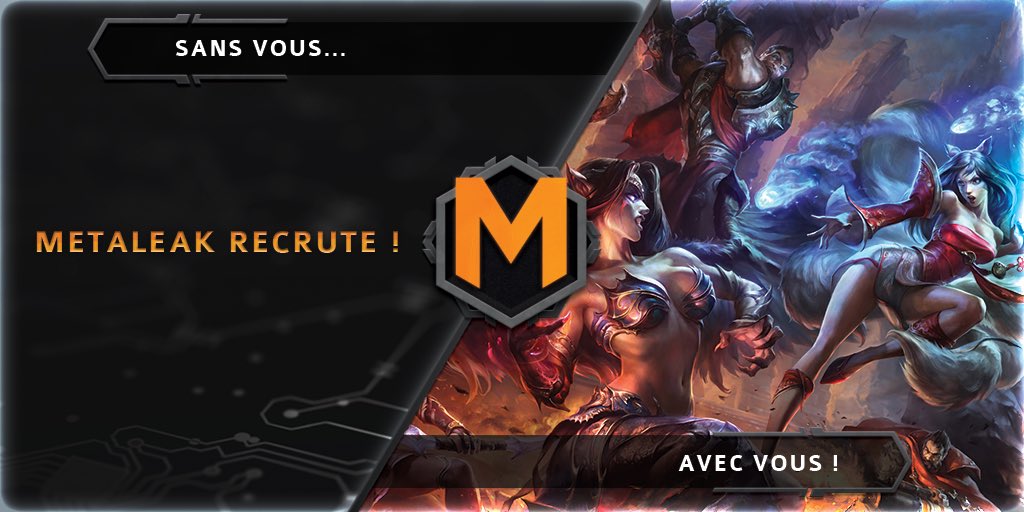 TeamMetaleak's tweet photo. 🎮🔑 La @TeamMetaleak recherche un Manager pour son équipe @LeagueOfLegends (niveau moyen : Diamant 1 💎) !

Contactez @MTLK_KiMak , ou go dm✌️ https://t.co/RpYuKz0KoT