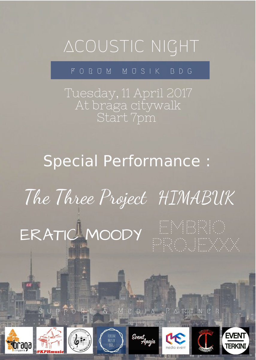 ACOUSTIC NIGHT
Tuesday, 11 April 2017 At <a href="/Braga_Citywalk/">Braga Citywalk</a> w/ The Three Project, Embrio Projexxx, Himabuk &amp; Erratic Moody. Yuk ramaikan! :)