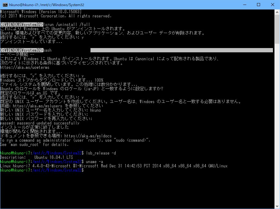 hkuno9000's tweet image. #Windows10 の #CreatorUpdate 後に、#BoW (Bash on Ubuntu on Windows)を入れ直し中。素の状態では 16.04.1LTS Kernel 4.4.0-43 が入った。