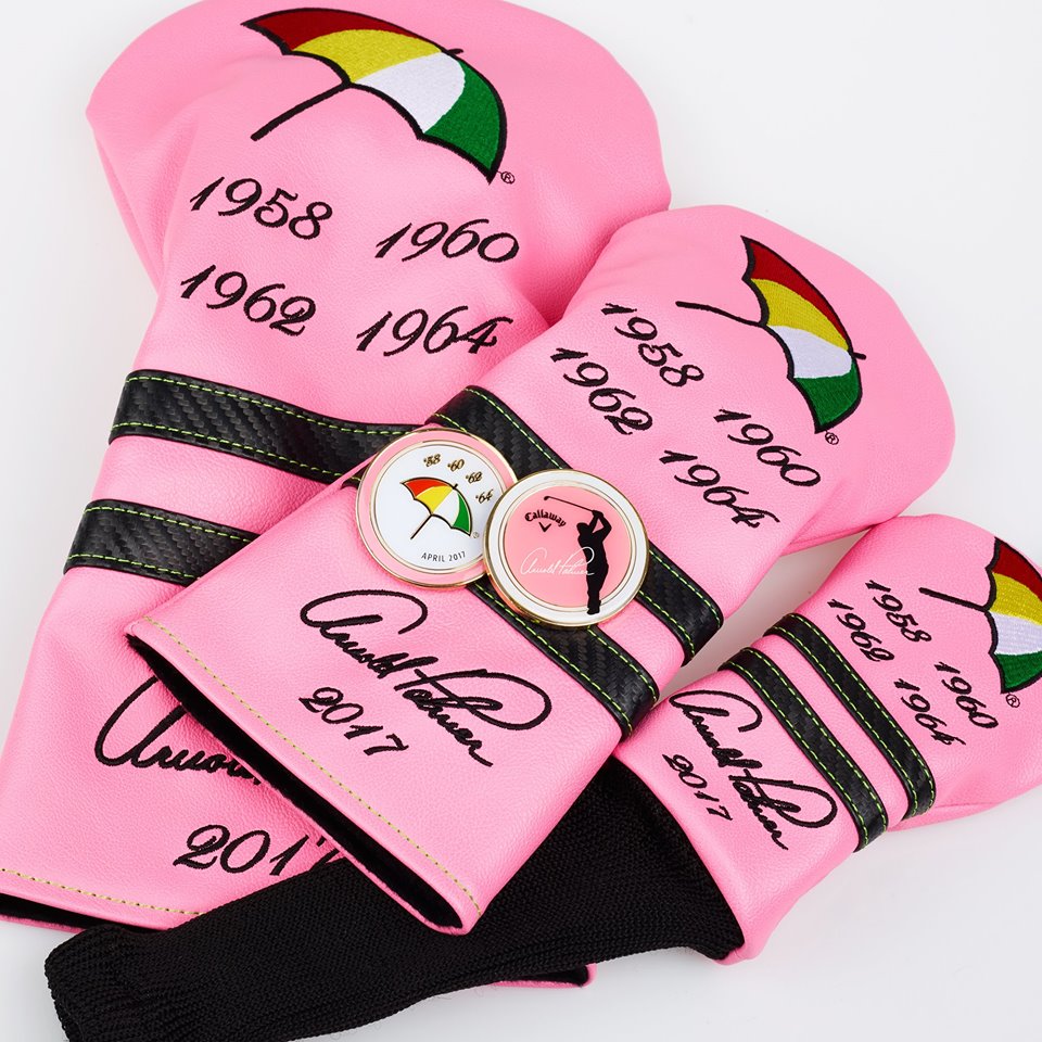 All you need to do is RETWEET &amp; FOLLOW for a chance to win 1 of 5 commemorative Arnold Palmer ‘pink’ Augusta head cover sets + coin