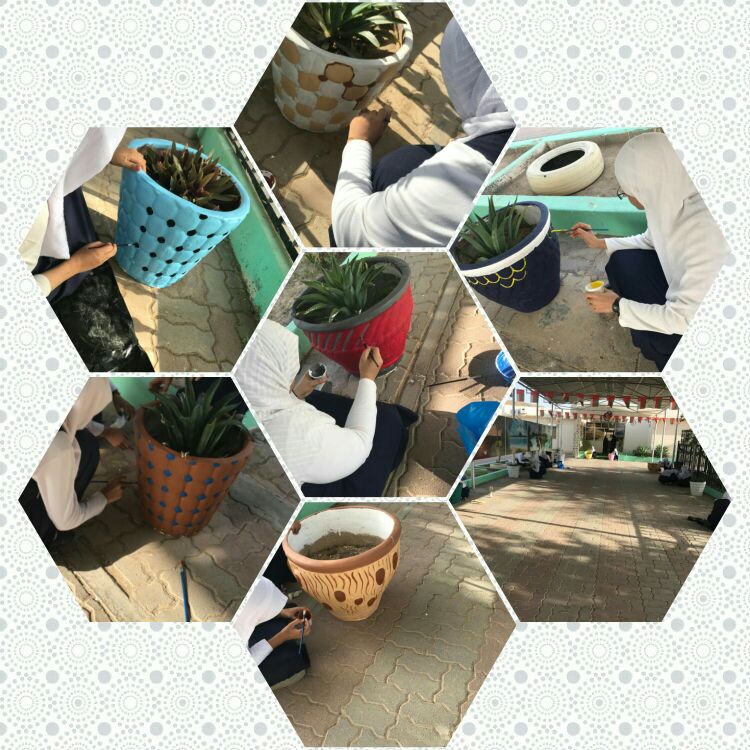 طالبات الثاني عشر ينفذن مشروع (تزين أحواض الزرعة) لماده الفنون التشكيليه تحت اشراف الأستاذة رويدا الهوتي ..