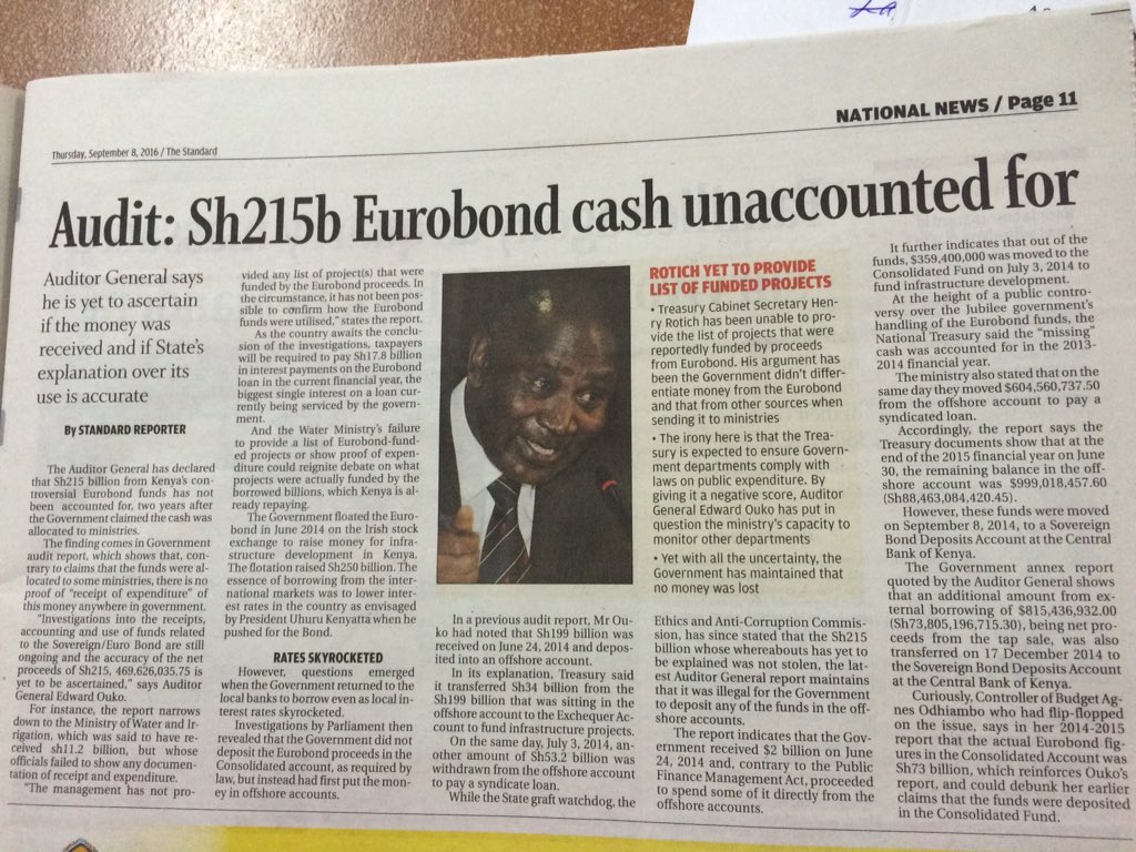 EUROBOND
 Rotich: Treasury has no list of Eurobond projects
Uhuru: Eurobond was accounted for
AG: Ksh215B are missing
 #DigitalDeception
