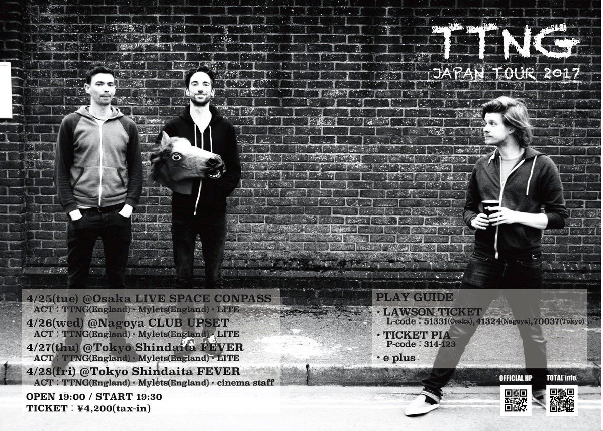 clubupset's tweet image. 【拡散希望!!】
4/26(水) [TTNG JAPAN TOUR 2017]
TTNG
Mylets
LITE
open 19:00 /start 19:30
ADV.￥4,200-(D別)
UPSETメール予約あり！
ticket@club-upset.com
@TTNGuk