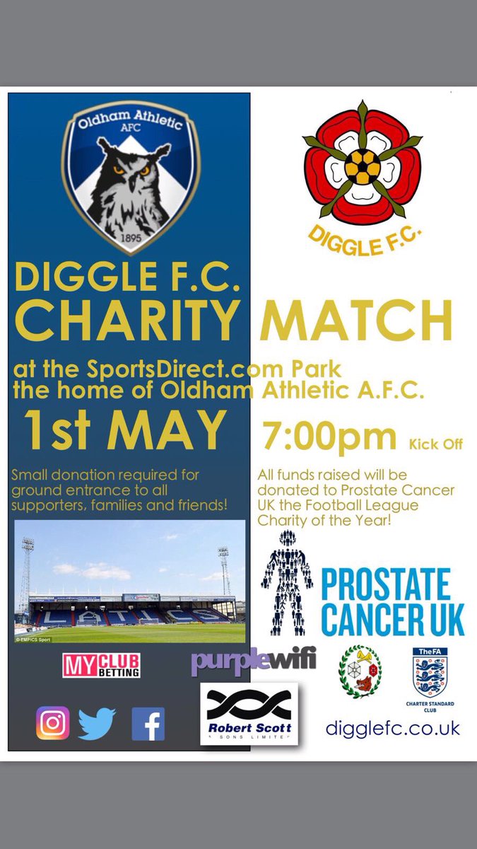 Diggle FC Charity match.
Mon 1/05/17 KO 7pm
@ Sportsdirect.com Park.
All money raised for Prostrate Cancer U.K. 
Please Support 🔴🔵⚽👍🏻