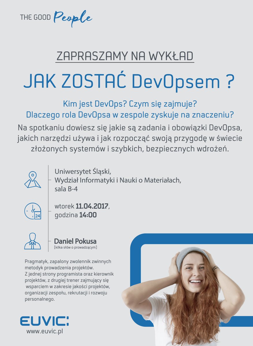 EuvicGroup's tweet photo. Już o 14.00 @dpokusa poprowadzi wykład "Jak zostać #devops". Zapraszamy na @USinKatowice! #education https://t.co/mpuPmXQ5r7