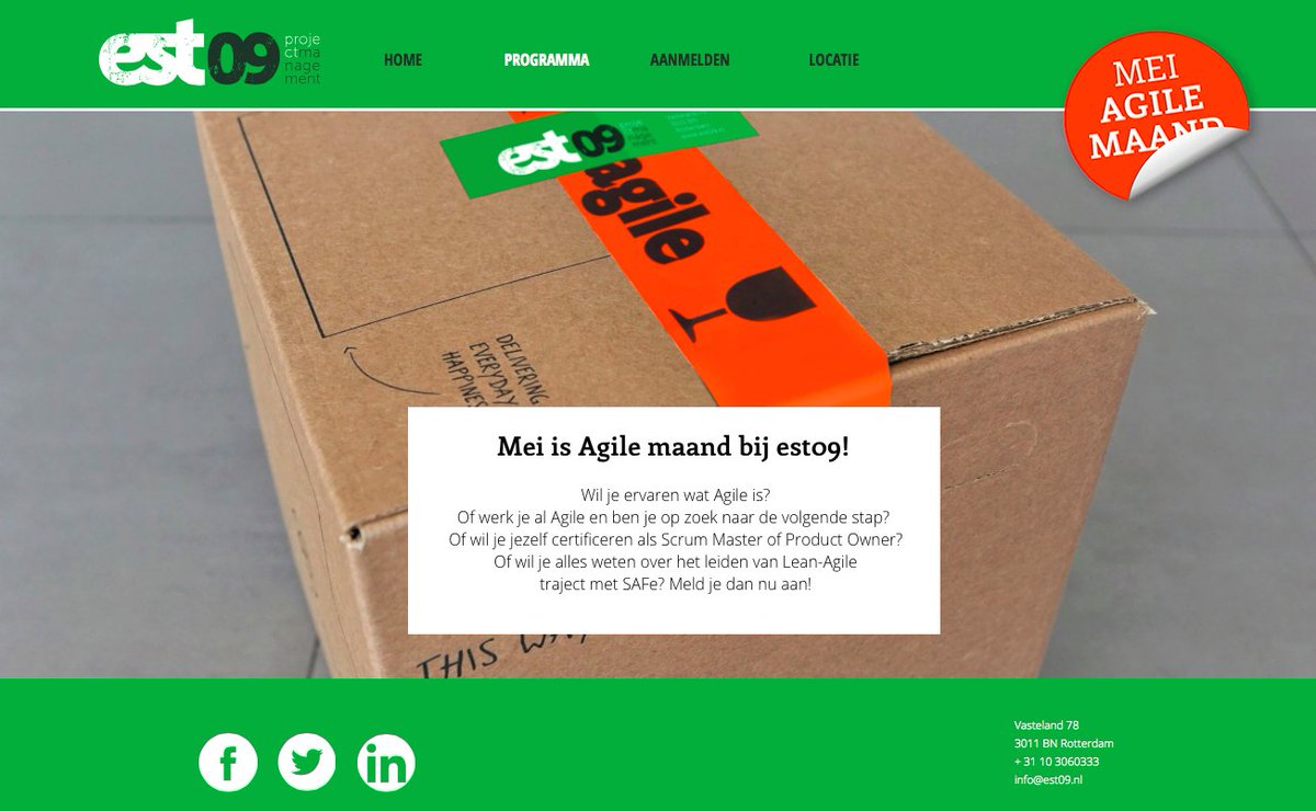 EST09nl's tweet photo. Check het volledige programma 'Mei maand #agile maand' met #Agilefestival en vele #trainingen! https://t.co/iaypyocjjU
#agile #scrum #PSM1 https://t.co/PsJBTyNTab
