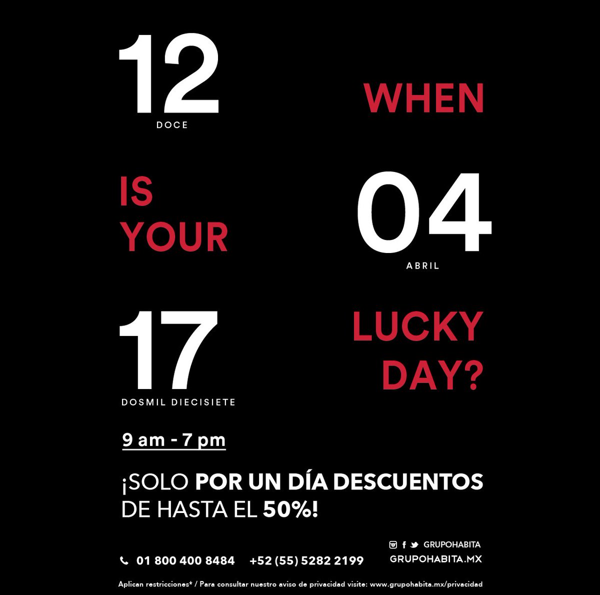 ¡Vete YA de vacaciones!
Llama mañana al 01 800 400 8484 y reserva en todos* nuestros hoteles con un -50% #LuckyDay
*Sujeto a disponibilidad.