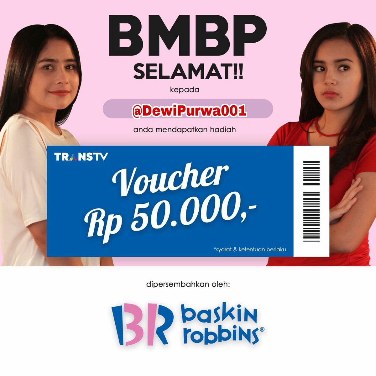 sineTRANSTV_id's tweet photo. Selamat Bosquee, @DewiPurwa001! Kamu pemenang SINEQUIZ #BMBPEPS25 👏
Silakan DM alamat mu 😃

@TRANSTV_CORP @BaskinRobbinsID  #RUMAHKUTRANSTV https://t.co/RfXVBI1KVK