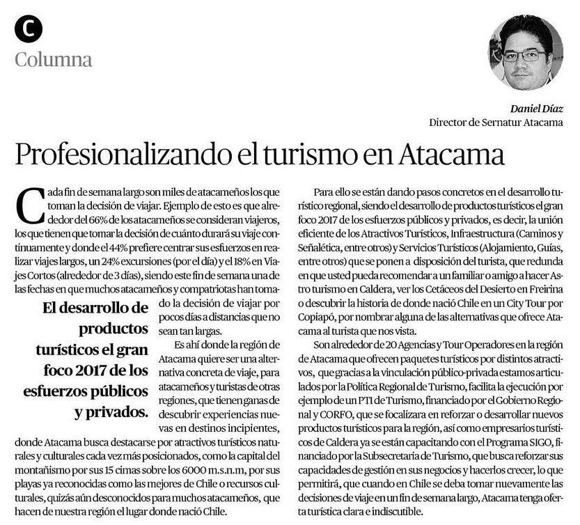 SernaturAtacama's tweet photo. Columna de @DEDiazCL en @diarioatacama, Profesionalizando el Turismo junto al @GOREAtacama @subturismo públicos y privados juntosxelturismo https://t.co/Jru6CCqpxO