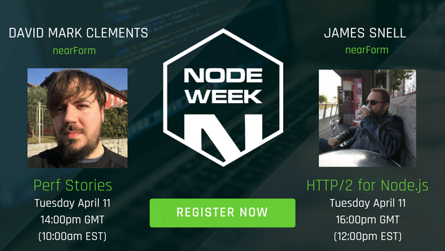 matteocollina's tweet image. Don&apos;t forget to watch #NodeWeek today! @davidmarkclem and @jasnell are speaking about performance and HTTP2. buff.ly/2p2gucF