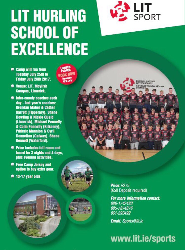 The LIT Hurling Camp 2017 is open for bookings, for forms and more information follow the link below <a href="/LimerickIT/">gatesletter</a> lit.ie/Sports/Hurling…