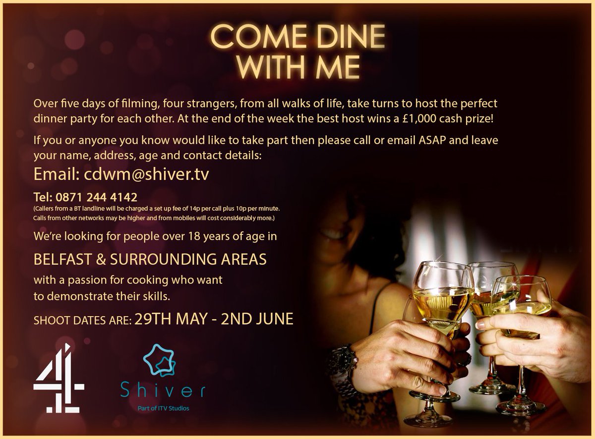 Pls RT! <a href="/belfastcc/">Belfast City Council</a> COME DINE WITH ME is coming to BELFAST! Want to take part for a chance to win £1000? Email CDWM@SHIVER.TV asap for info