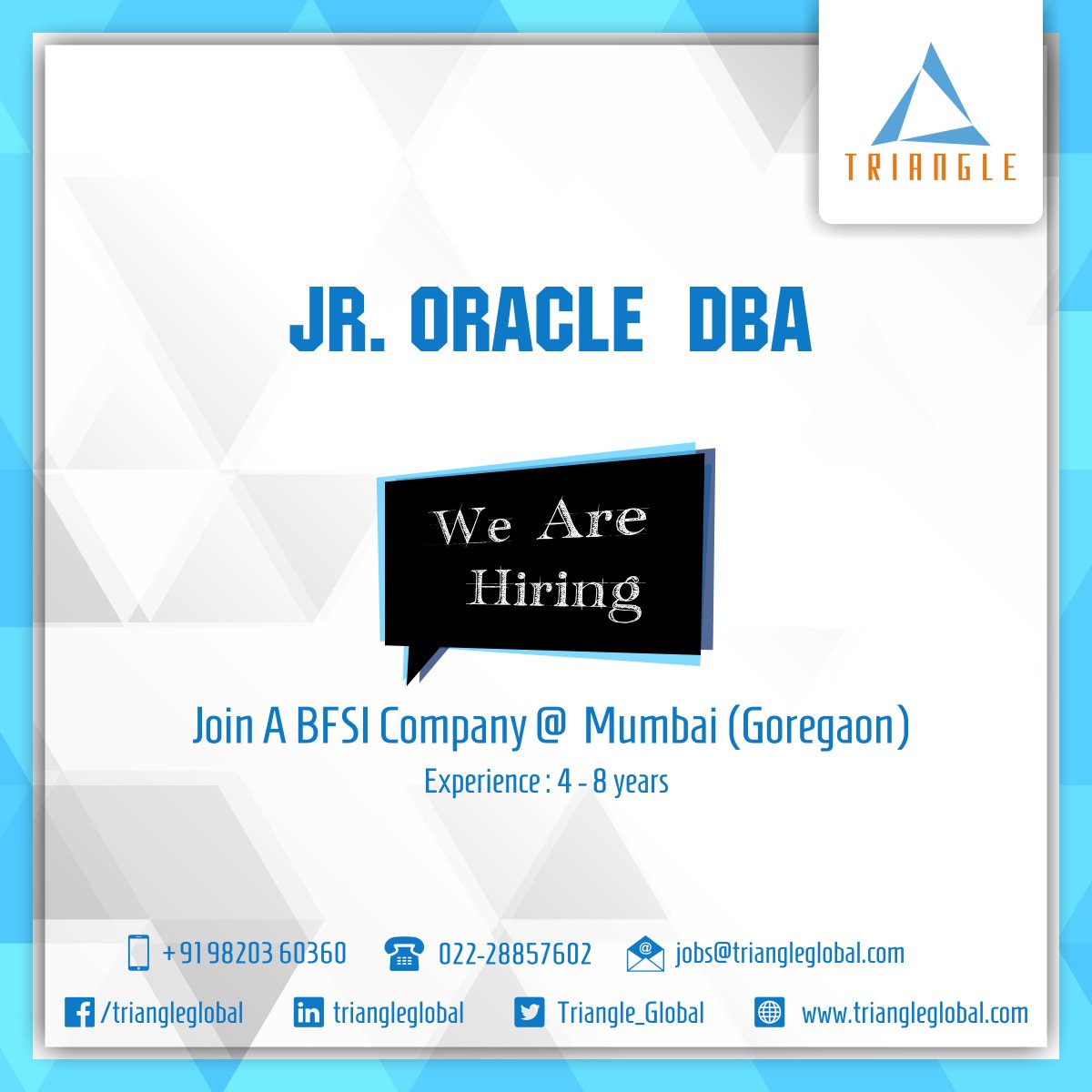 Triangle_Global's tweet photo. #Oracle #DBA https://t.co/BMGPB4YtKF … …  #ITjobsbyTriangle https://t.co/TEYhKCoE1G
