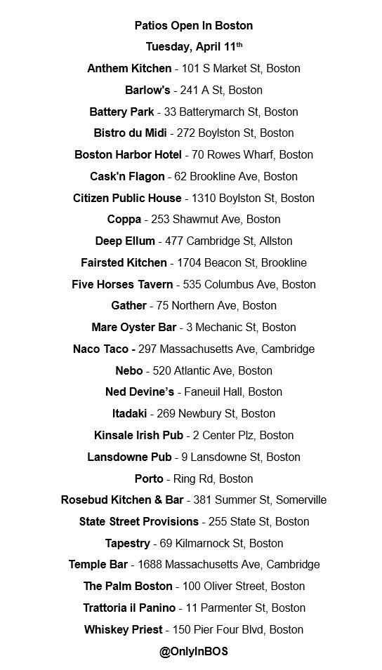 Patios open in Boston today as temperatures reach 80°.

RT TO SAVE LIVES.