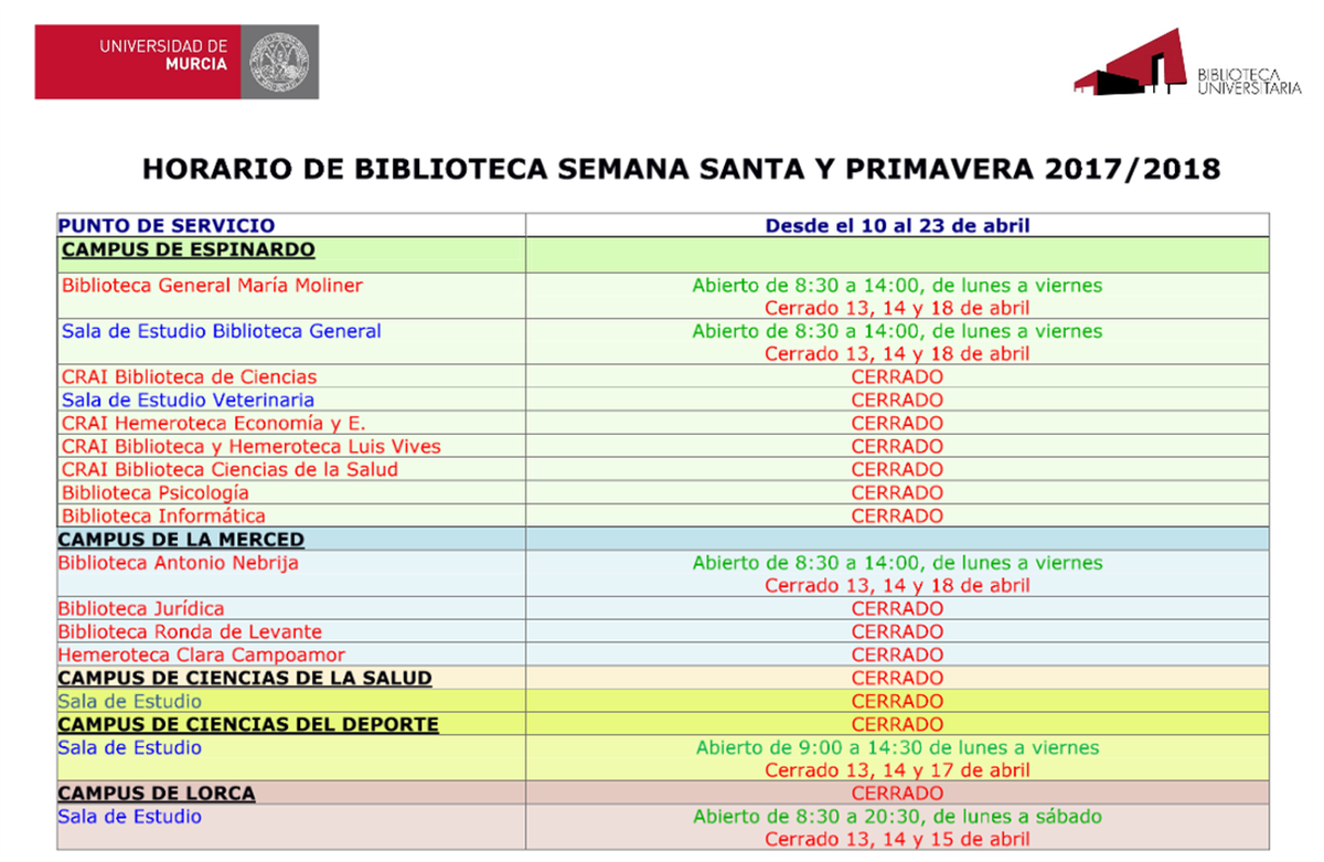 UMU's tweet photo. Horarios de las bibliotecas de la #UMU para las fiestas de Semana Santa y Primavera: https://t.co/ztx0UPILr2