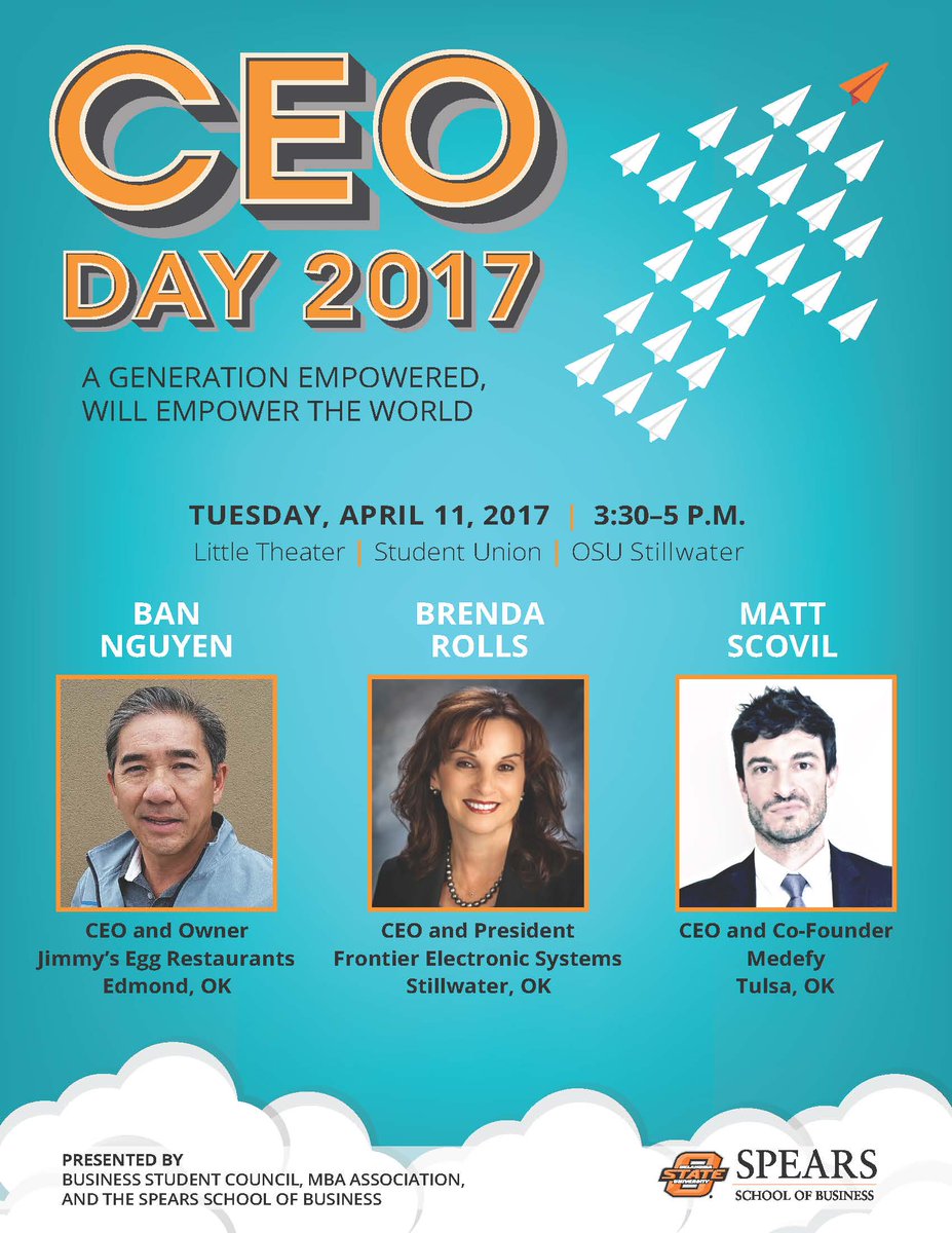 SpearsBusiness's tweet photo. It’s #OKStateCEODay! Join us at 3:30P in the @OSUUnion Little Theatre! 'A Generation Empowered, Will Empower the World.' @SpearsSchoolBSC https://t.co/CZ0fvBhxPA