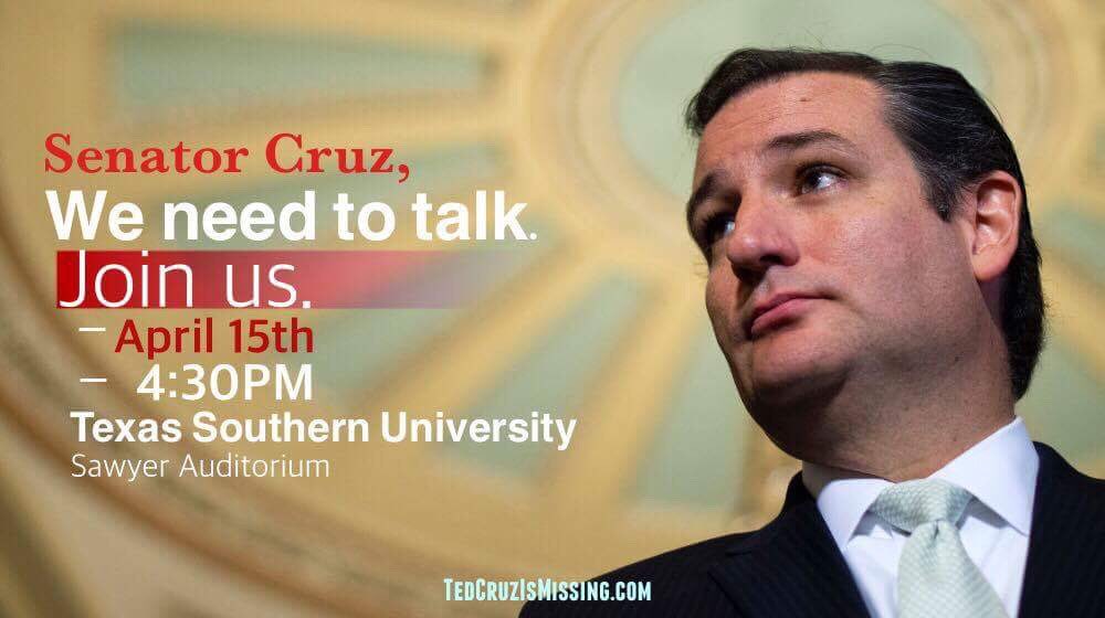 whereiscruz's tweet photo. It's time for our own version of a Ted talk. @maddow @chrislhayes @NewsandGuts @KeithOlbermann #tedcruzismissing #doyourjob #townhall https://t.co/wlK2H3geyt