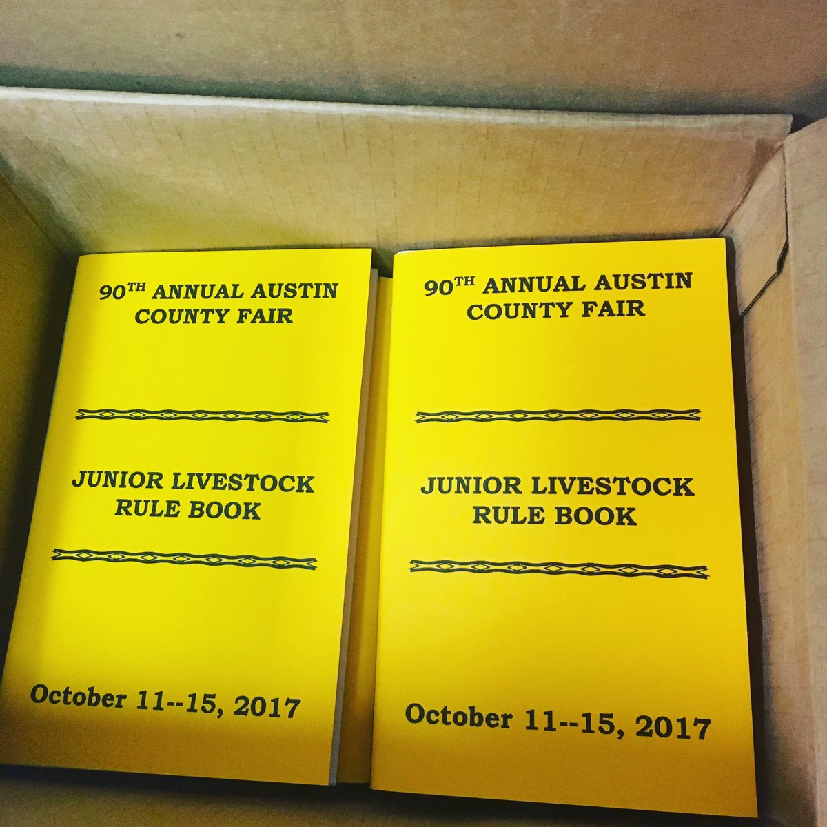 KimQuinney1's tweet photo. Livestock books are ready!! @Fair office/from leaders/austincountyfair.com!! #acfair #acfair2017 #acfair90thyear #livestockshow https://t.co/ehCW1nbsOy