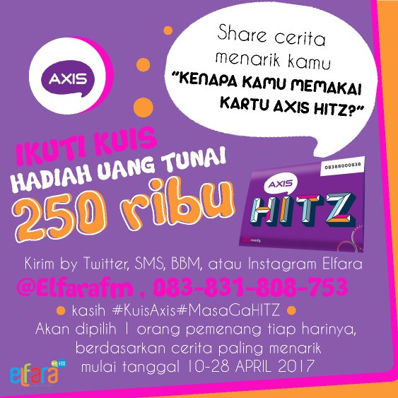 ELFARAFM's tweet photo. Yuk Ikutan KUIS AXIS HITZ, bakal ada hadiah uang tunai 250rb bagi sapa aja yang ceritanya paling seru! jangan lupa #KUISAXIS #MASAGAHITZ https://t.co/KlZ1el95GR