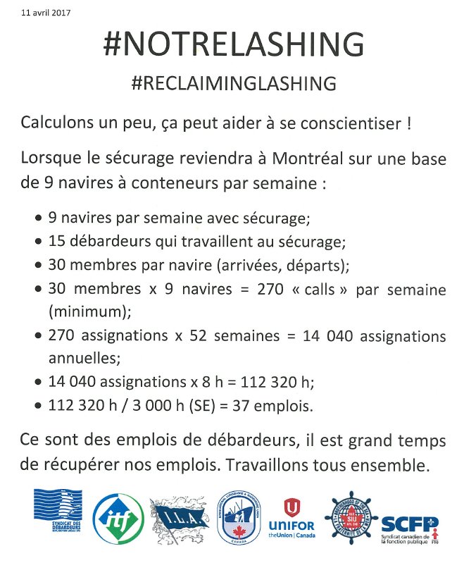 SyndicatMTL375's tweet photo. Le sécurage des navires doit revenir à #Montréal Ce sont des emplois de débardeurs. +/- 37
#notrelashing #reclaiminglashing #MTL375 #portmtl https://t.co/XtTIjyg8Hl