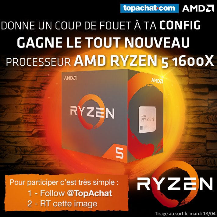 TopAchat's tweet image. 🎁 #Concours 🎁

Donne un coup de fouet à ta config avec le AMD Ryzen 5 1600X !

#RT + Follow @TopAchat pour participer ! 🍀
