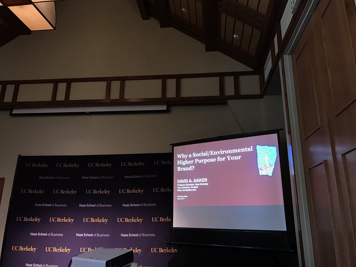 At @BerkeleyHaas #DeansSpeakerSeries w/ @DavidAaker 'Why a Social/environmental higher purpose for your brand?' #marketing #socialimpact