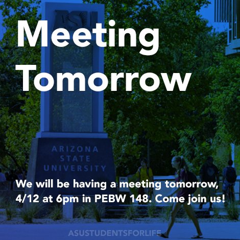 We'll be having a meeting tomorrow, April 12 at 6pm in PEBW 148. We'll be talking about how our campus outreach went + upcoming events. :)