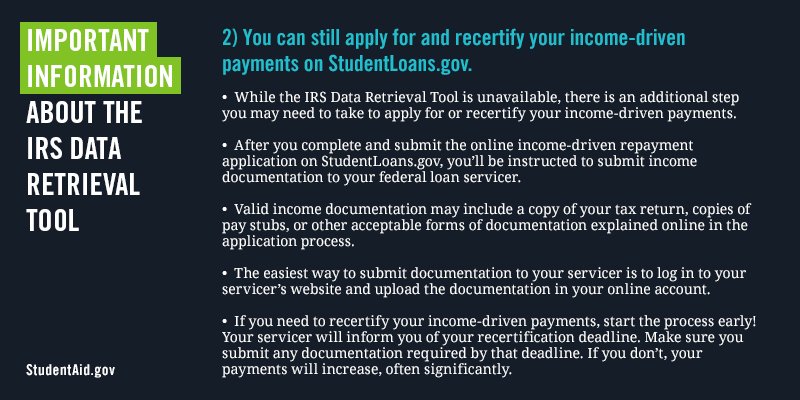 FAFSA's tweet image. Here are some tips to help you complete your FAFSA or income-driven repayment application while the IRS Data Retrieval Tool is unavailable.