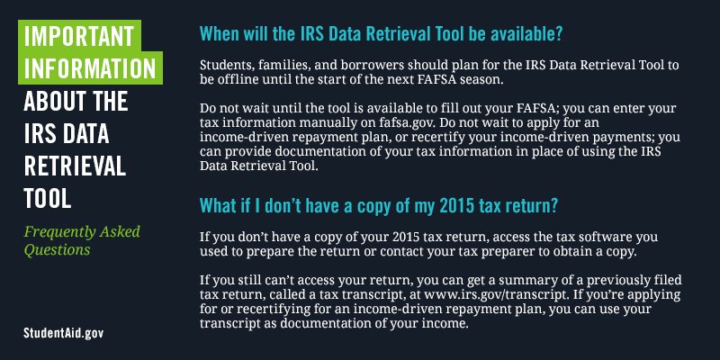 FAFSA's tweet image. Here are some tips to help you complete your FAFSA or income-driven repayment application while the IRS Data Retrieval Tool is unavailable.