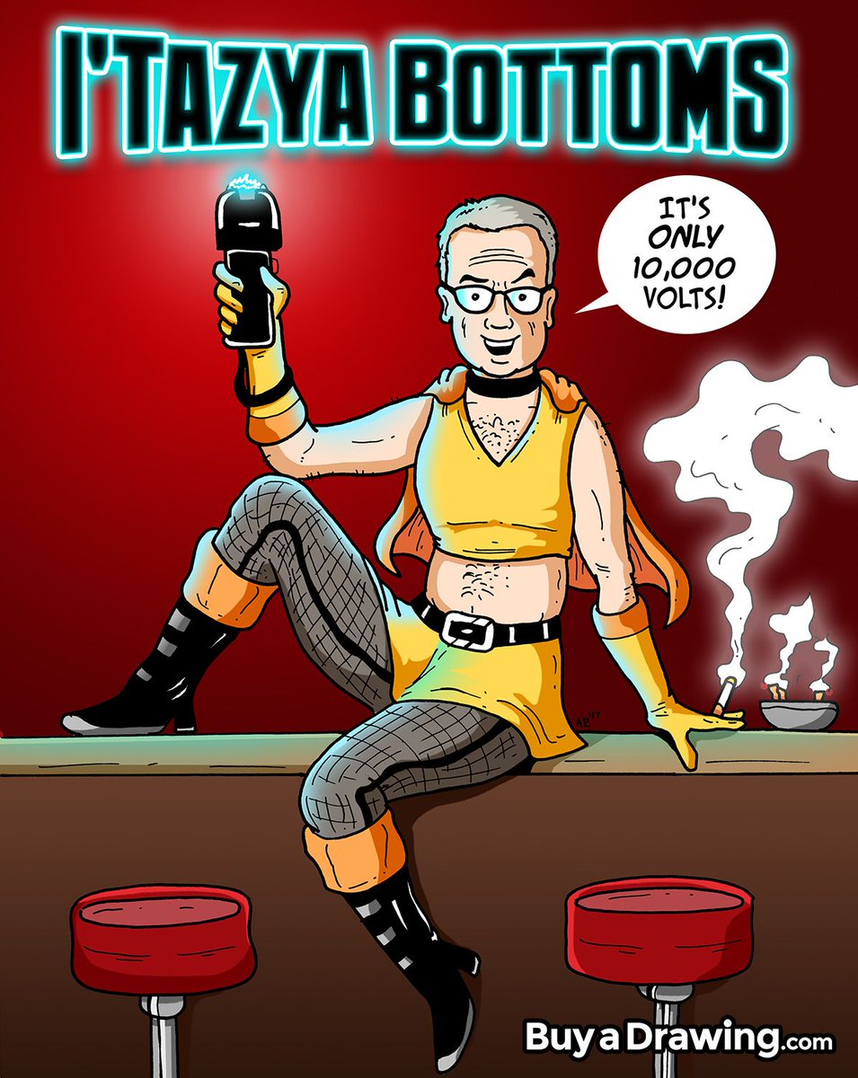 Brad Y. in NC wanted his taser-loving friend drawn as a taser carrying Drag Queen known as I'Tazya Bottoms. #cartoon #illustration #taser