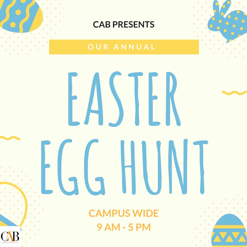 CUCAB's tweet image. T H U R S D A Y // Our annual campus wide hunt starts! Just when you thought the Easter Bunny wasn't real, well guess AGAIN!