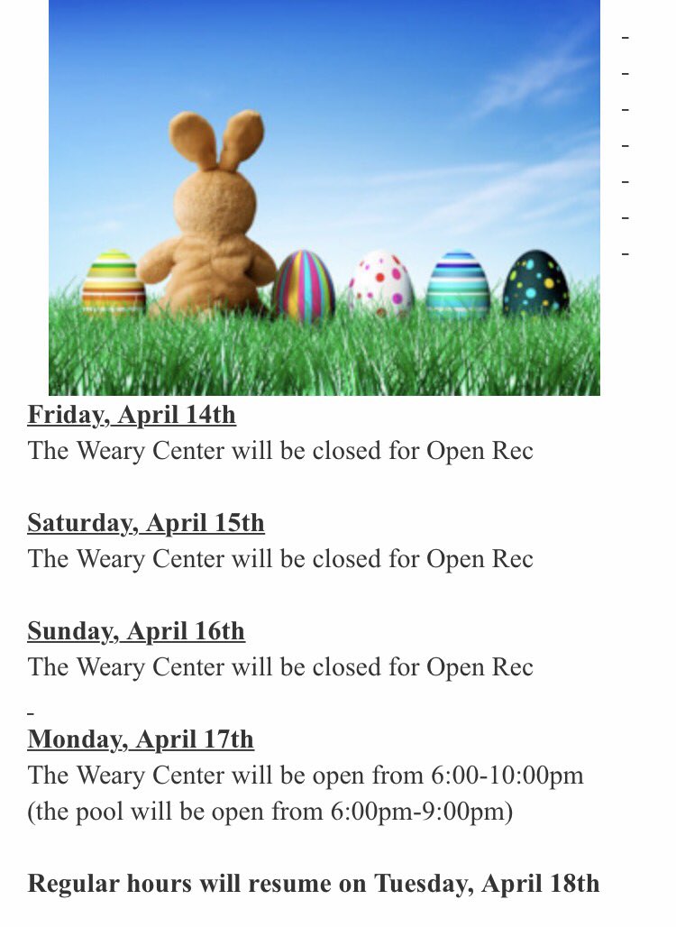 NwuWeary's tweet photo. Easter break hours!!! https://t.co/vVOs02hIlZ