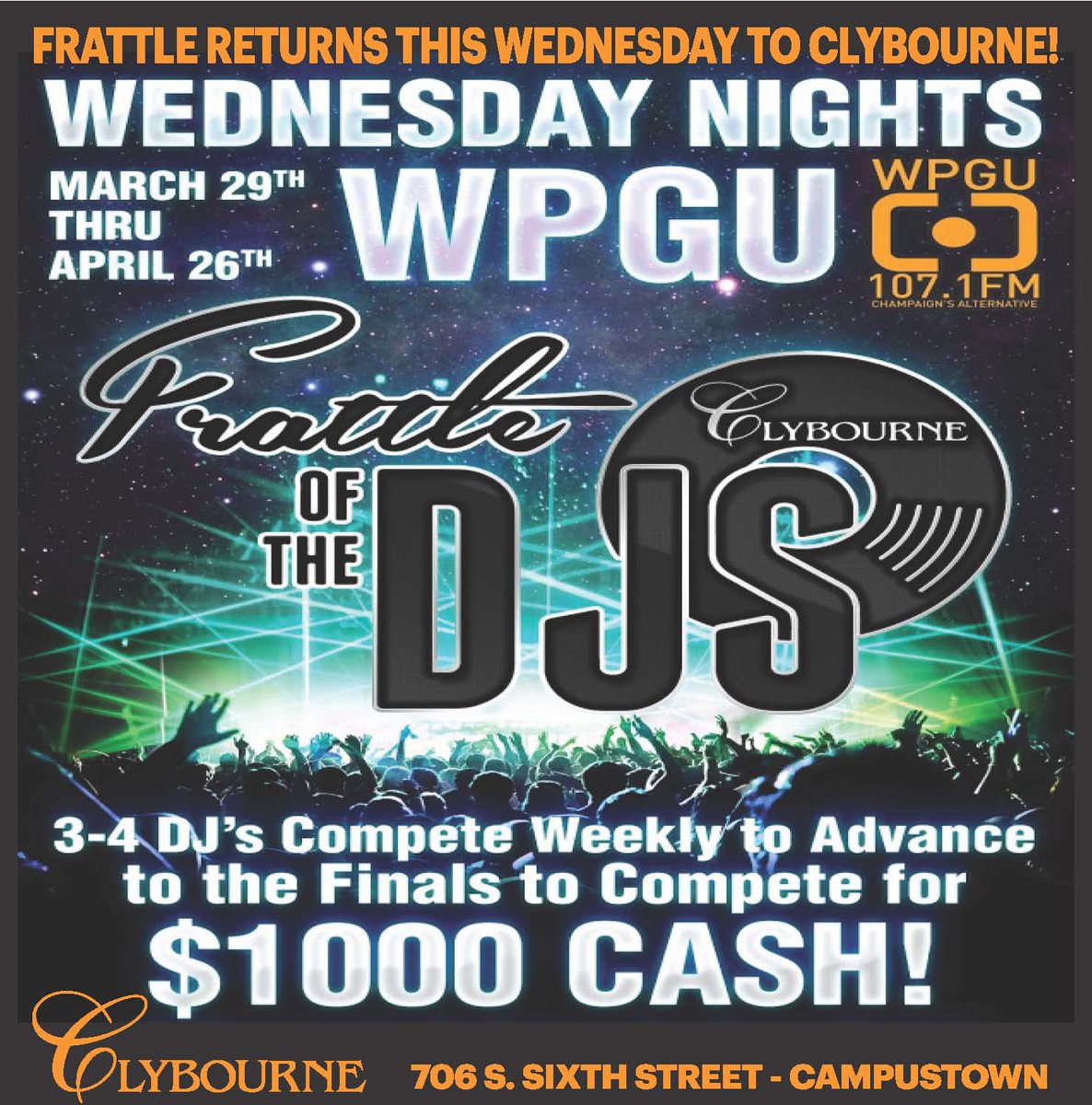 DailyIlliniAds's tweet photo. Don't miss Frattle tomorrow night @TheClybourne! DJ's from @PsiUpsilonUIUC, @ThetaChi_UIUC, and @SPD_UIUC spin for a spot in the final! https://t.co/2PWrA89Djy