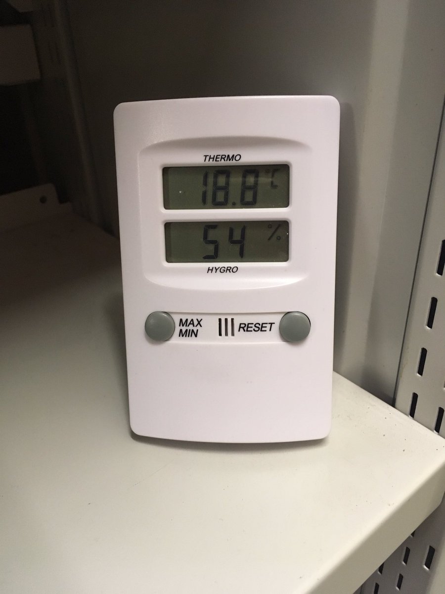 iamcardiffuni's tweet image. Checking temperature and relative humidity. Within the parameters of PD5454 guide for the storage &amp;amp; exhibition of archival materials, yay!
