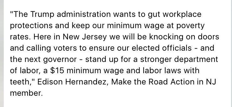 MakeRoadActNY's tweet photo. Trump's attack on workers hurts ALL workers. We must raise min wage &amp; empower @NJLaborDept! https://t.co/klcU3gj0nR #Fightfor15 #NJresists https://t.co/yl84JKrtJr