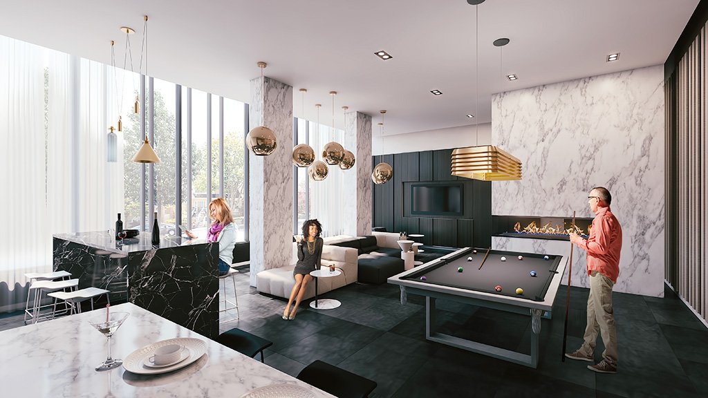 A lounge featuring a bar, a fireplace, a billiard table, a TV and an outdoor space! bit.ly/2nP5PRt #CondoLiving #LiveYourDream