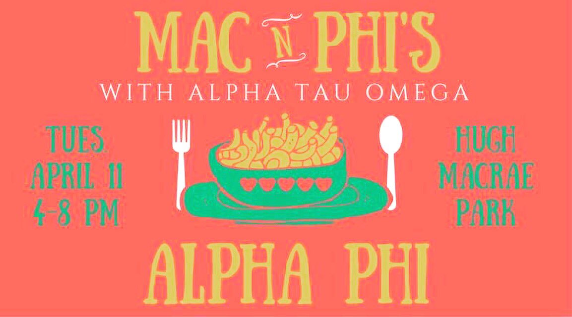 Come and get some Mac and Phi with ATΩ and AФ. Bring your own mac &amp; cheese and win a MAW gift card!