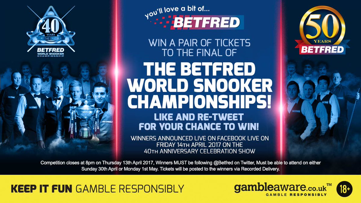 Betfred's tweet image. WE'RE REWARDING OUR FOLLOWERS!

🎫 Win a pair of tickets to the Final of the Betfred @WorldSnooker1 Championships! 

RT &amp;amp; ❤️ to enter!