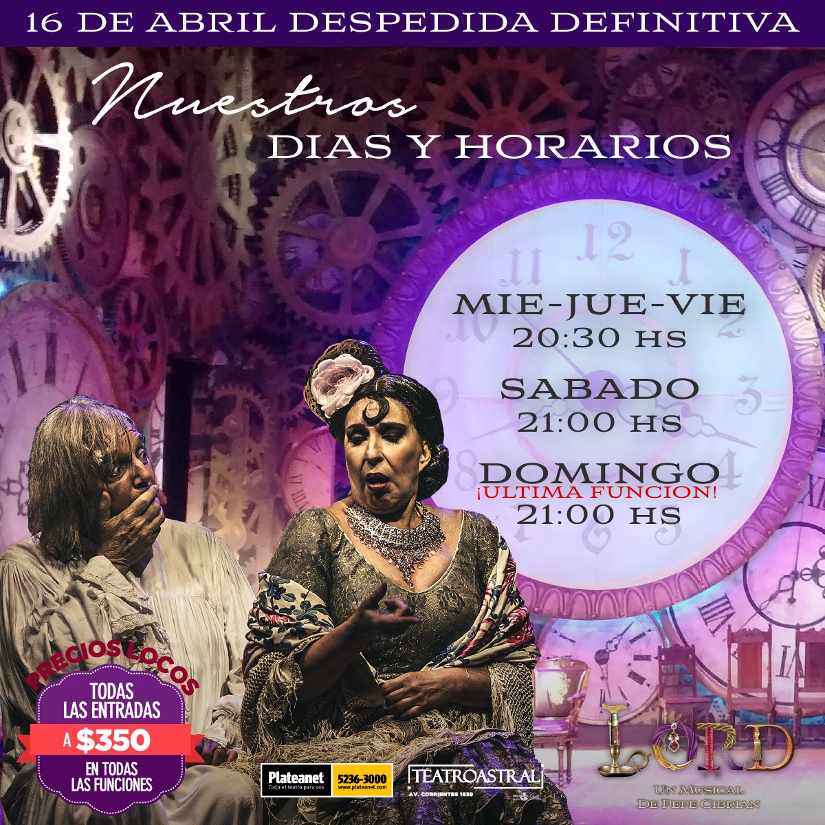 ÚLTIMA SEMANA DE FUNCIONES! Este domingo 16/4 nos despedimos! No te pierdas #LordElMusical 🎩🎶
Entradas en bit.ly/Lord16