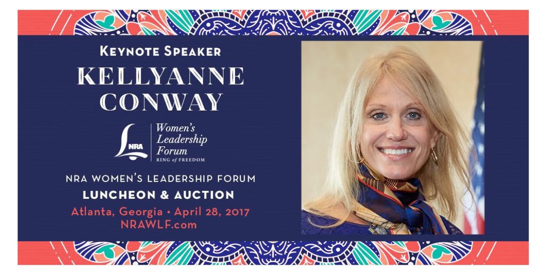 rwoerner's tweet photo. @NRA big draw with alternate facts @KellyannePolls as keynote speaker. But quiet on #sbshooting @KeithOlbermann @michaelshure @DavidShuster https://t.co/U4jDyC2XFU
