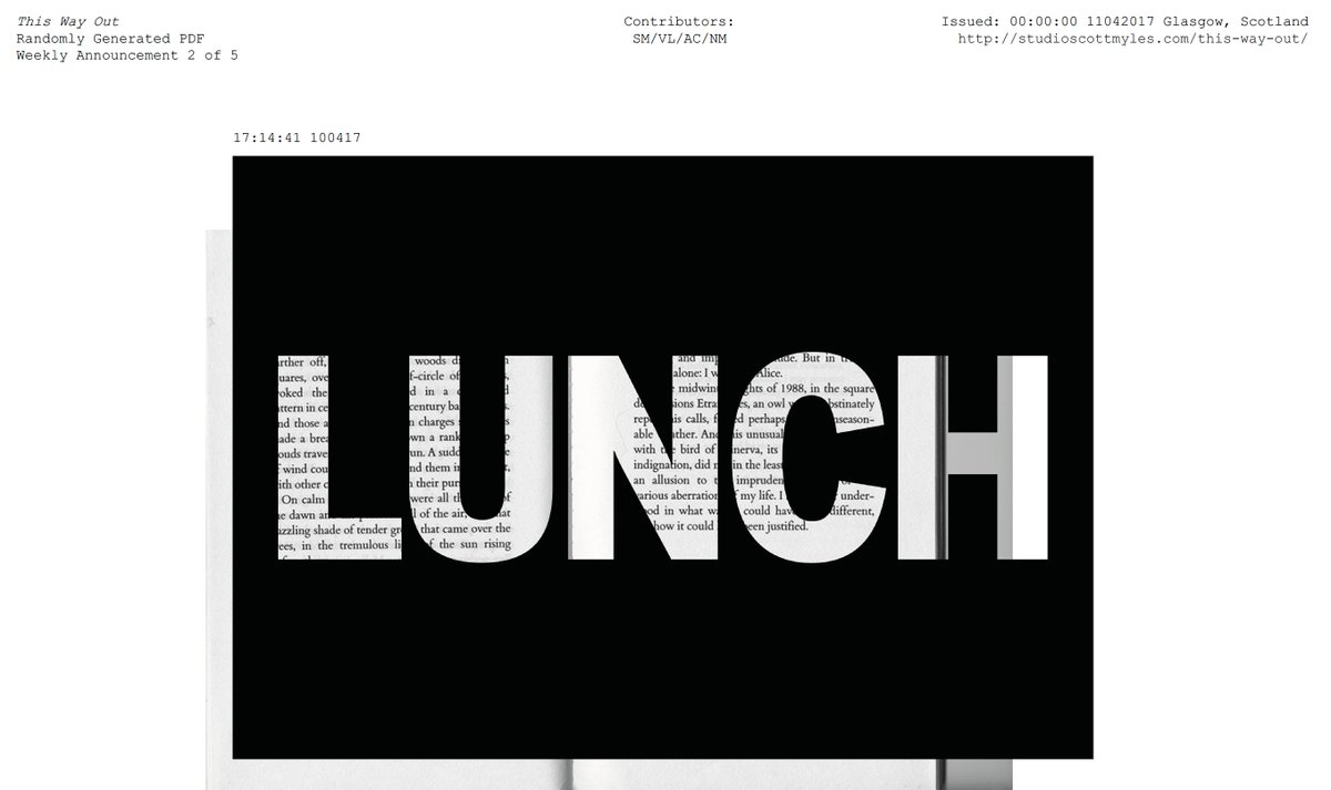 Working w/ <a href="/Scott_Myles/">Scott</a>, <a href="/dkdo/">DKDO</a>, and algorithm, on program that generates weekly newsletter from <a href="/TMIGLA/">The Modern Institute</a> studio/show: studioscottmyles.com/this-way-out