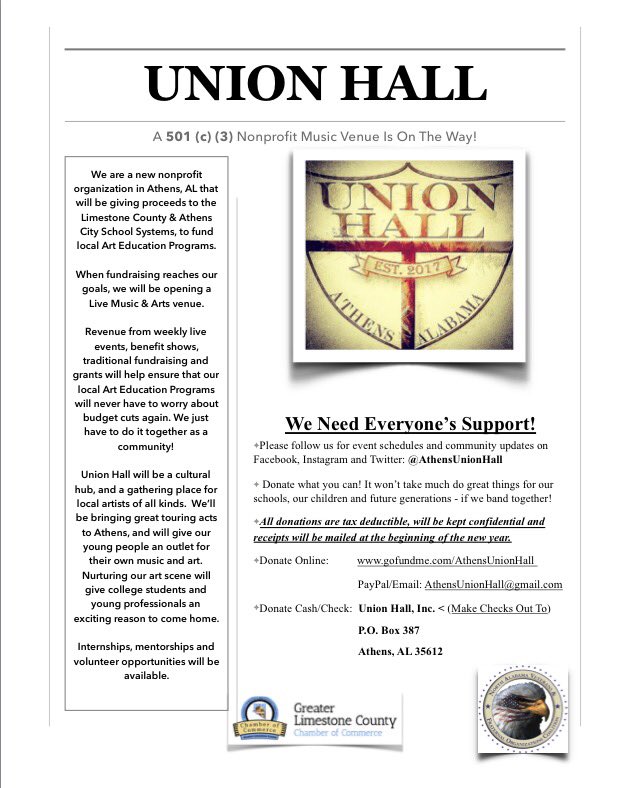 AthensUnionHall's tweet image. If all you educators in Limestone County would give this a retweet, it'd be much appreciated. We can do this together! #NonprofitVenue