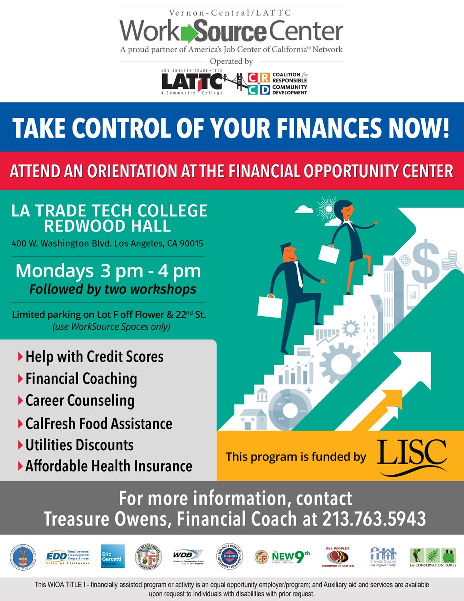 LATTCWorkSource's tweet photo. #Free Financial Coaching being offered at the @LATTCWorkSource 

Orientations every Monday 3pm - 4pm! https://t.co/cKUZcgGxgJ