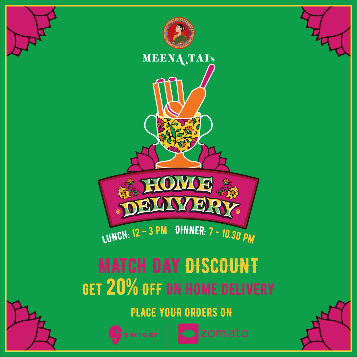 Meenataisvmh's tweet photo. Cheer for your fav teams with Maratha flavors &amp; awesome #discounts this #ipl season. 20% off on match days on #homedelivery #ipl2017 #iplt20 https://t.co/aBPs266Q2T