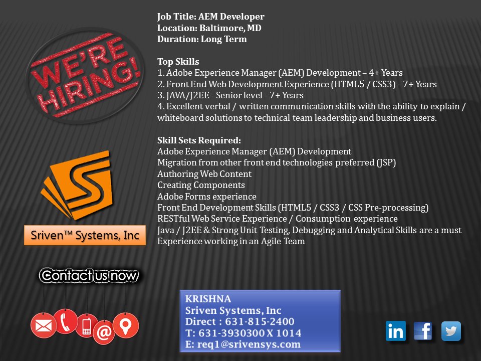 srivensystems's tweet image. Hiring #AEM #AEMDeveloper  #AdobeExperienceManager #AdobeDeveloper #html5 #h1b #JSP #webdeveloper  @srivensystems  Email:req1@srivensys.com