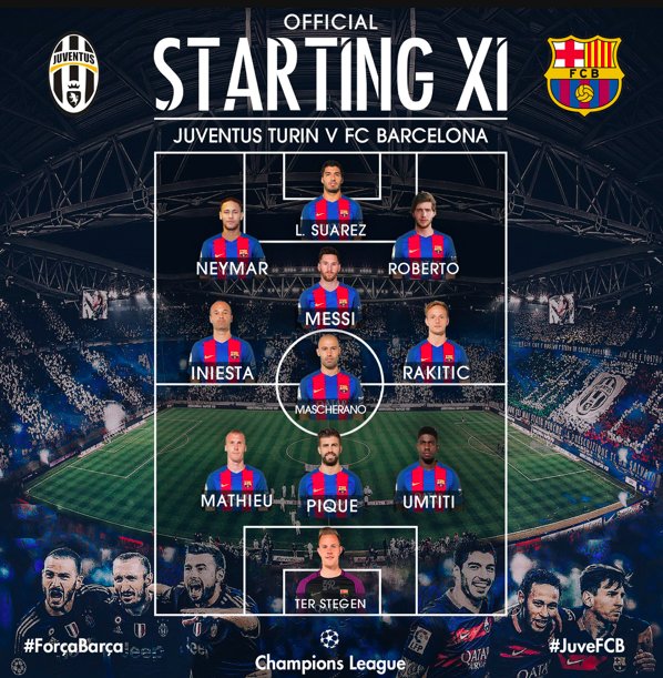 Barcelona XI :
Ter Stegen - Umtiti, Pique, Mathieu - Rakitic, Mascherano, Messi, Iniesta - S.Roberto, Suarez, Neymar.
#fcblive