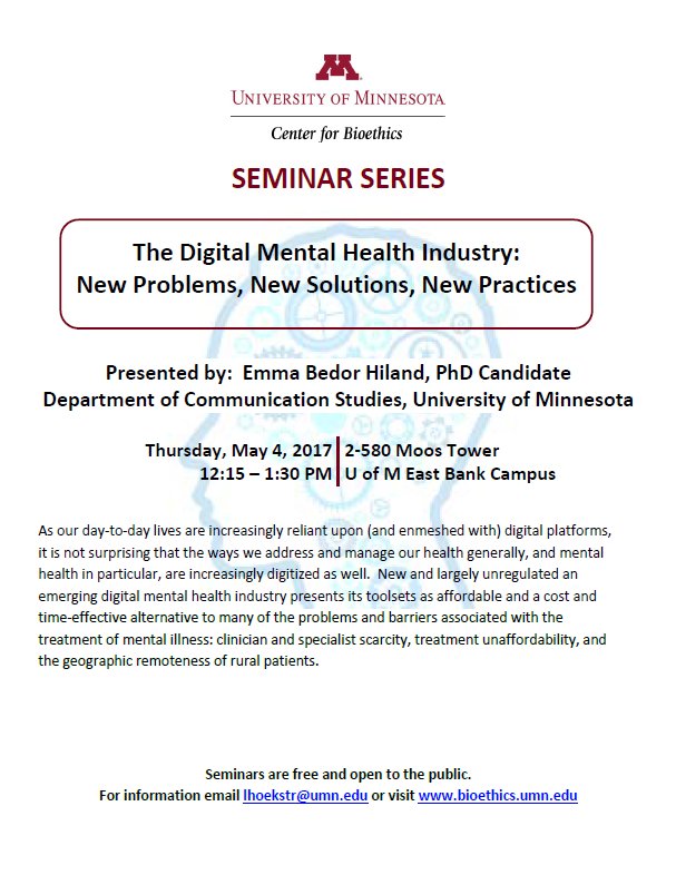 Emma Bedor Hiland will be presenting about The Digital Mental Health Industry on Thursday, May 4. Please consider attending!